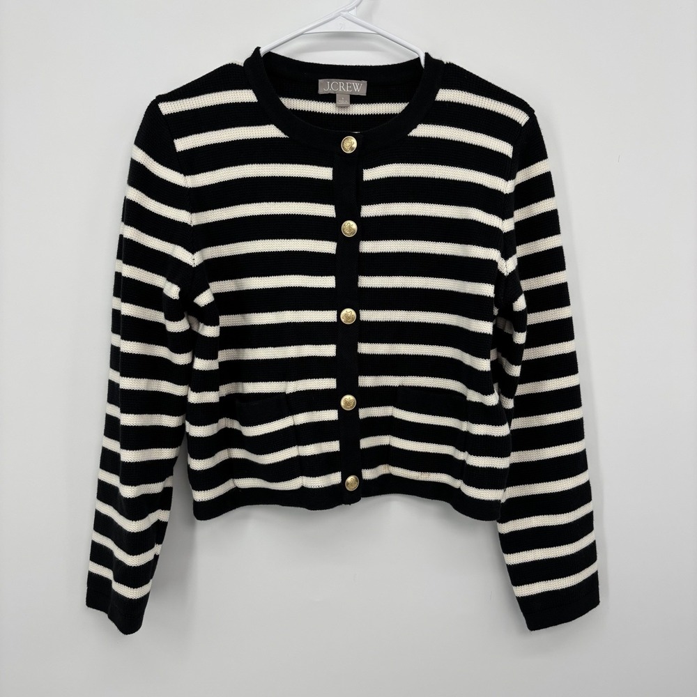 J.Crew Emilie Lady Jacket Cardigan Sweater Black White Striped Gold Button Small